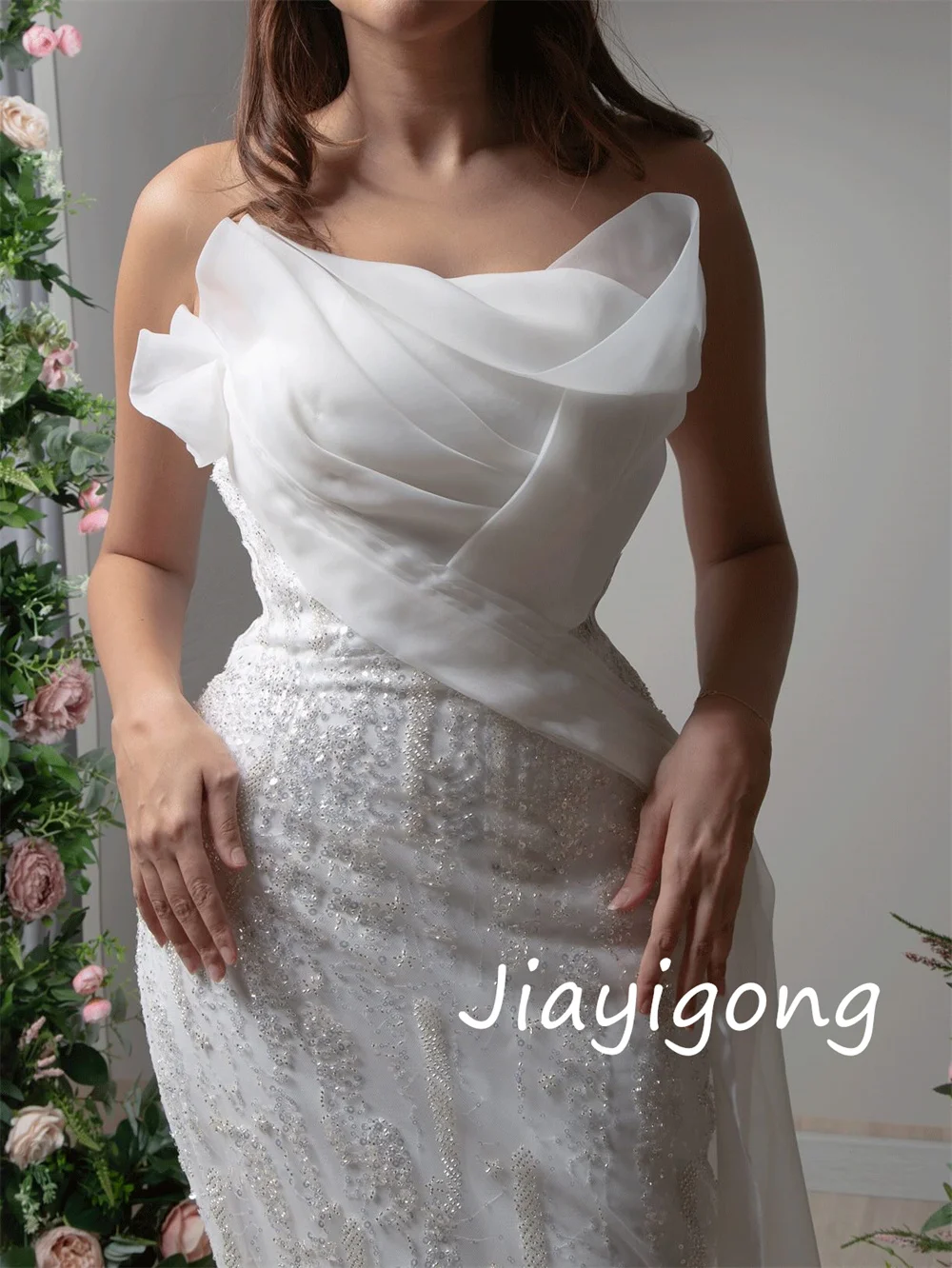 Vestidos largos sin tirantes de trompeta plisados con lentejuelas de Organza elegantes personalizados ocasión a medida brillo Simple