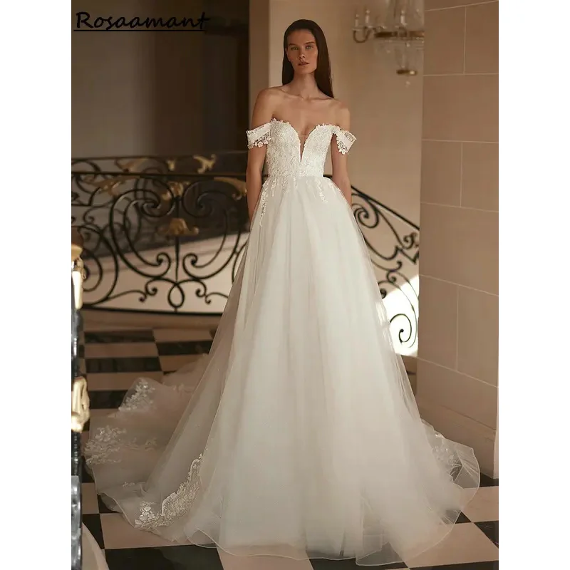 Gaun pernikahan bahu terbuka romantis gaun pengantin applique tanpa tidur gaun pengantin kustom Negara renda