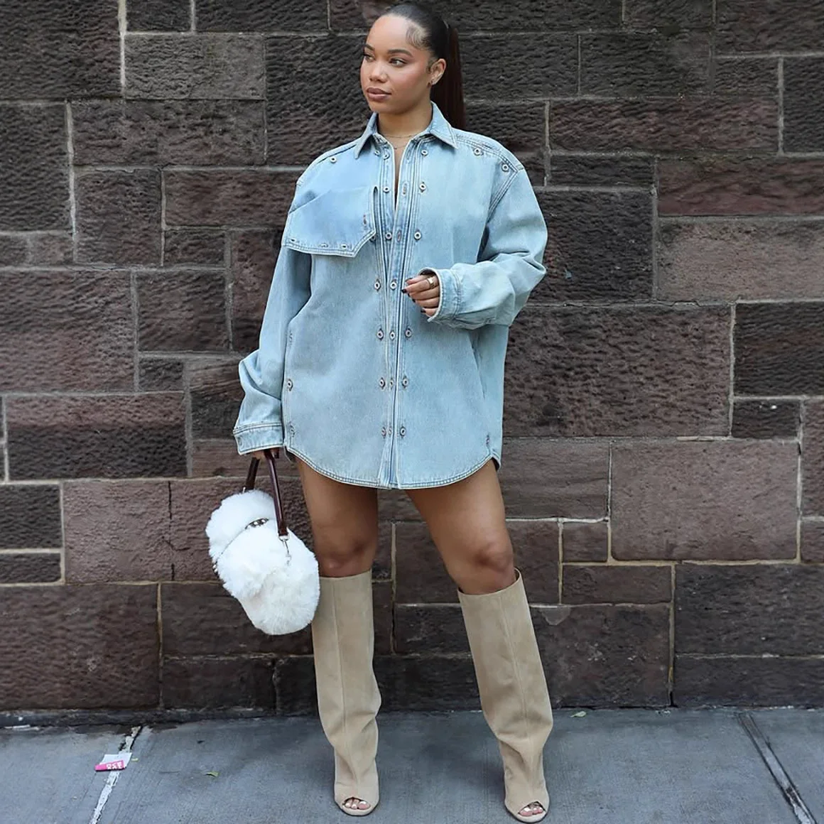 Women's Loose Patch Fabric Design Denim Jacket Long Sleeved Top Casual Style for Spring/Autumn