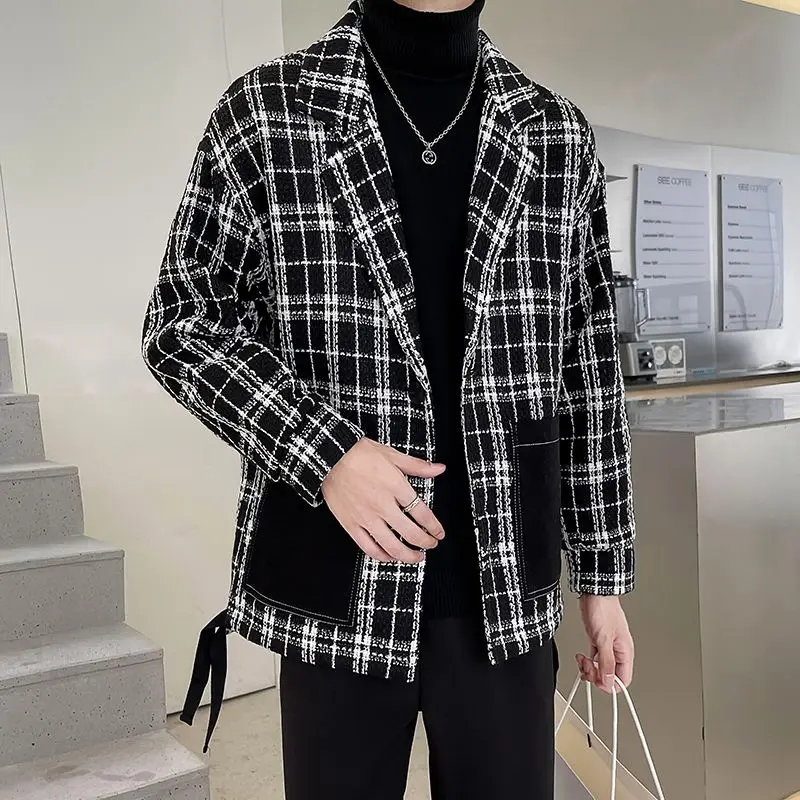 

Men's Plaid Wool Blend Trench Coat Mid Long Turn Down Collar Thick Overcoat Autumn Winter Streetwear Hipster Outerwear