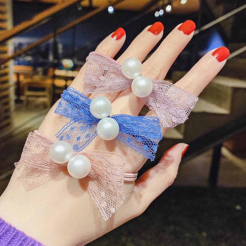 

Small Fresh Bow headband, women's Lace streamer, Imitation Pearl scrunchie, headband, Hair tie, Rubber band, Hair Accessories