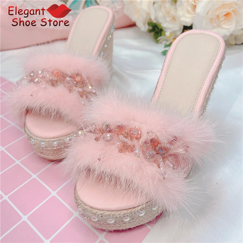 Pink Hairy Crystal Decor Grass Weaving Wedge Slippers Sweet Lolita Pearl Rhinestone Platform Sandals Party Fairy Women Shoes