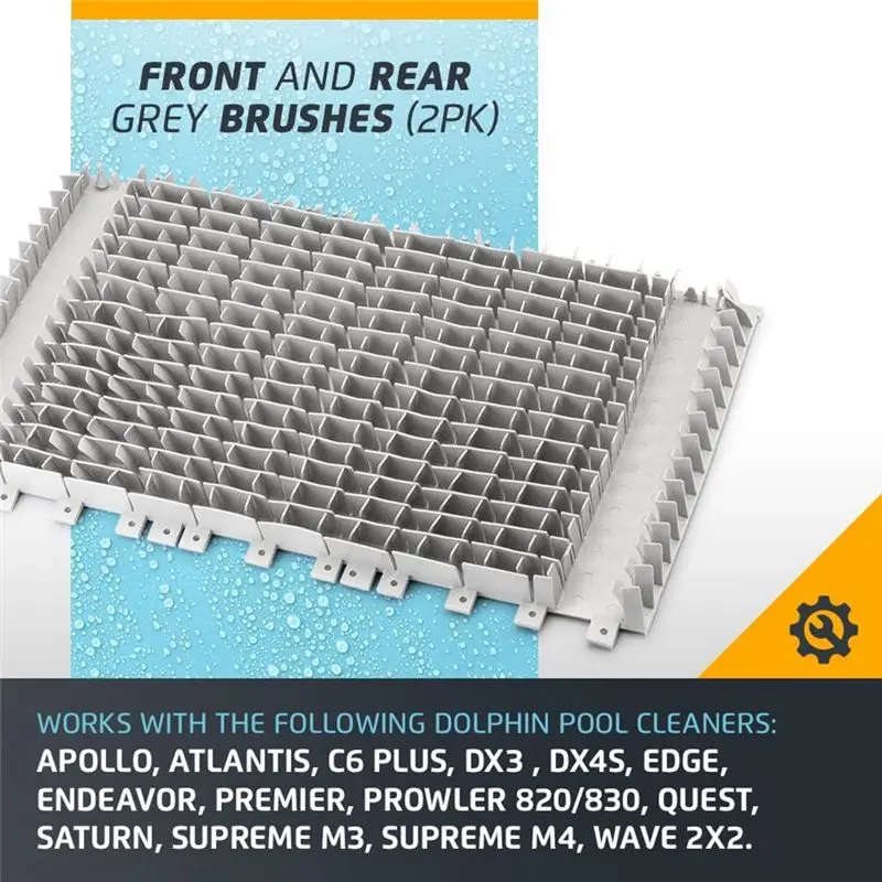 A67M-Front And Rear Replacement Brushes In Grey For Dolphin Apollo, Atlantis, C6 Plus, DX3 Robot Swimming Pool- Model Code