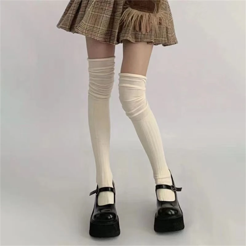 Preppy Over Knee Long Boot Socks Ruched Elastic Slouch Top Ribbed Knitted Thigh High Long Tube Stockings for Women