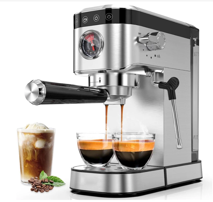 Espresso machine, 20 Bar compact steam espresso machine with milk foam, digital touch panel, 37 oz detachable