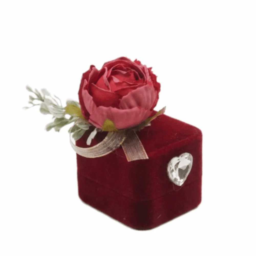 Heart Shaped Wedding Ring Box Shiny Rhinestone Artificial Flower Jewelry Display Case Compact Structure Smooth Material Ring Box