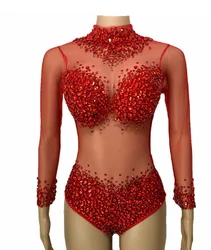 Costume Sexy Mesh Transparent Stones Bodysuit Birthday Party Outfit Rhinestones Rompers Women Singer Team Dance Pink White Blue