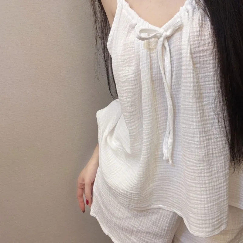 

White Sleepwear Women Pajama Sets Solid Shorts Sets 2 Pieces Korean Piiama Spagheti Strap Night Wears String Summer Home Suit