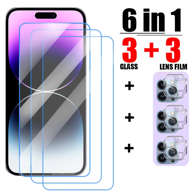 6IN1 Tempered Glass For iPhone 15 14 Pro Max 13 12 11 Mini SE 2022 2020 Camera Screen Protector For iPhone XR XS X 7 8 6S Plus