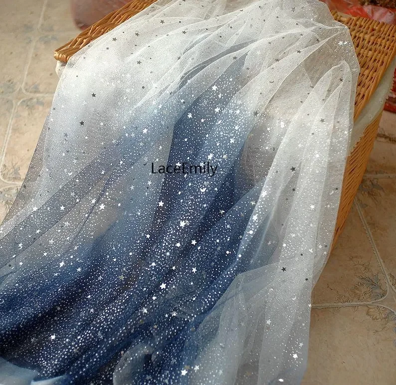 

5 colors Glitter star moon Gradient lace fabric dark blue sequin star soft tulle fabric for Bridal Wedding dress 59" width