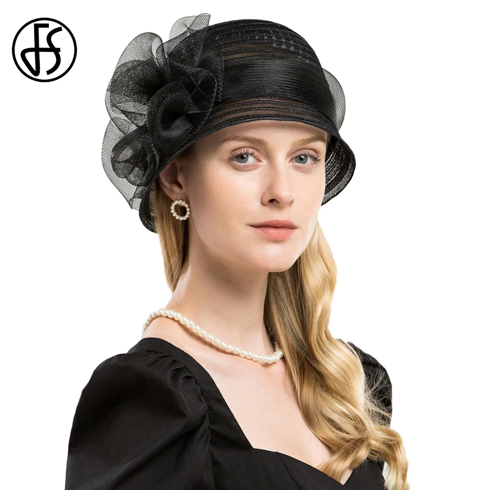 FS 2025 New Tea Party Bowler Cap With Flower Luxury Brand Top Hats For Women Elegant Black White Winter Formal Dress Church Hat