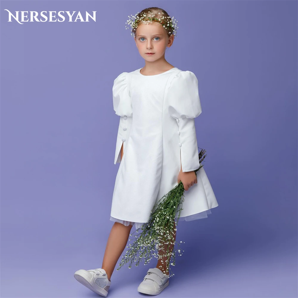 Nersesyan Elegant Angel Pure Flower Girl Dresses Puff Sleeves A-Line O-Neck Satin Inside Tulle Occasional Party Gowns For Child