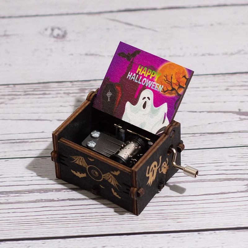 Halloween Wooden Hand-cranked Music Box, Horror Night Painted Music Box, Wooden Pumpkin Ornament, Ghost Festival Gift, Music Box