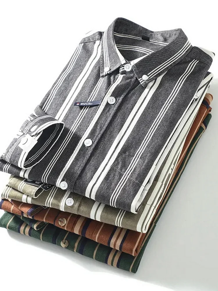 

Мужская рубашка из чистого хлопка в американском стиле, с воротником, длинными рукавами, свободного кроя, в полоску, модная, осенняя, повседневная