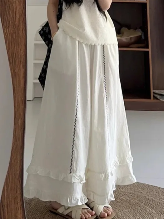 Ele geborduurde hoge taille wijde pijpen broek zomer casual broek met houten gesplitste comfortabele losse pasvorm rokbroek