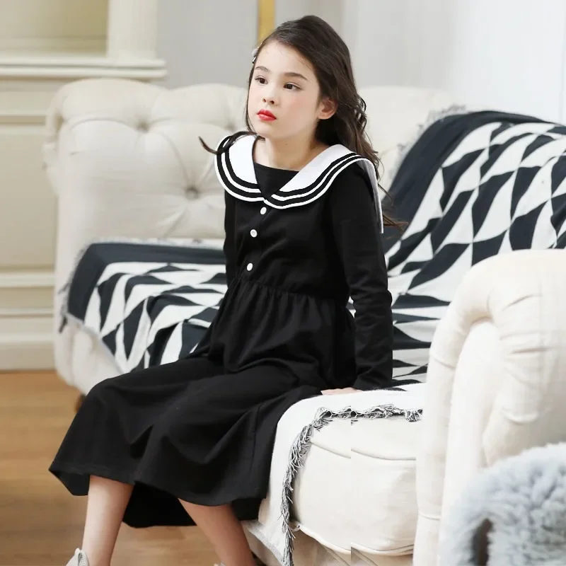 Girls' Autumn/Winter New Arrival School Uniform Style Long Sleeve Navy Collar Princess Dress - Chic Big Kids for 4-12 Years Old