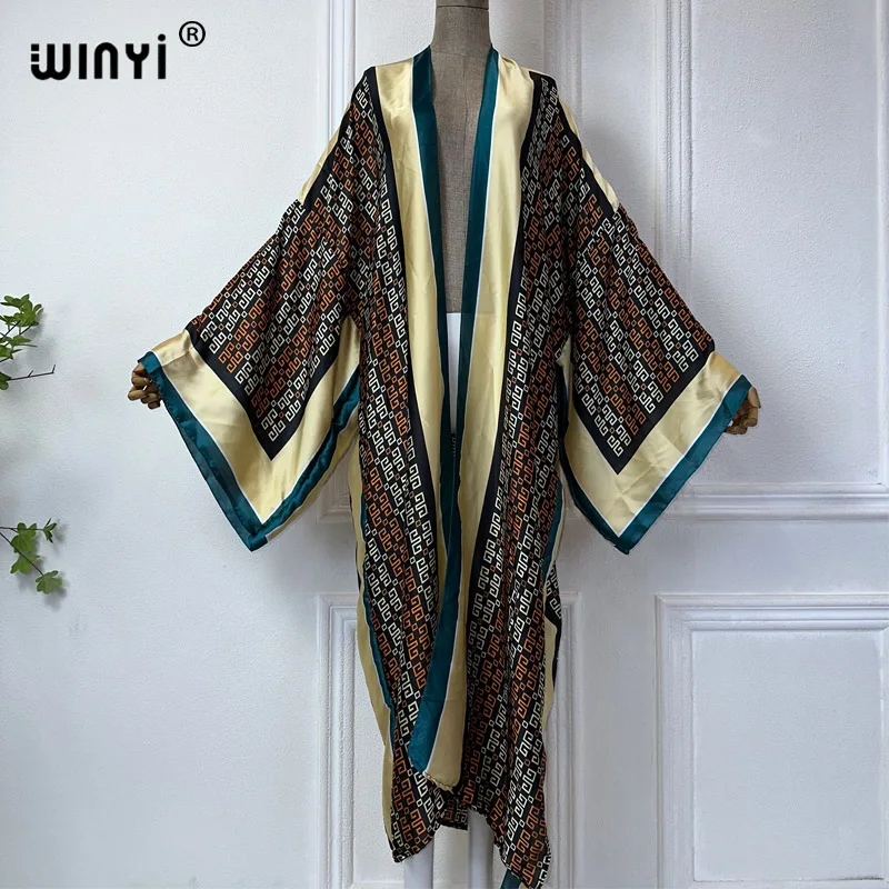 WINYI summer kimono Africa print beach cover up Swim Suit elegant African women boho Cardigan sexy Holiday silk feeling dress