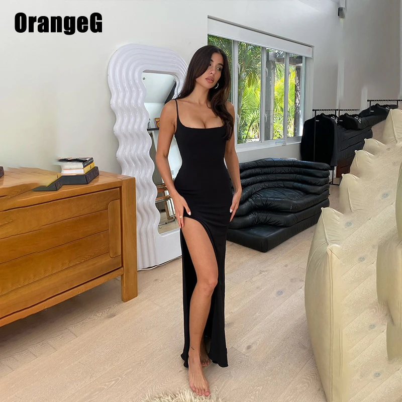 

OrangeG Black High Slit Long Dress Women Sexy Spaghetti Strap Square Collar V Scoop Back Lace Skinny Outfits Party Elegance