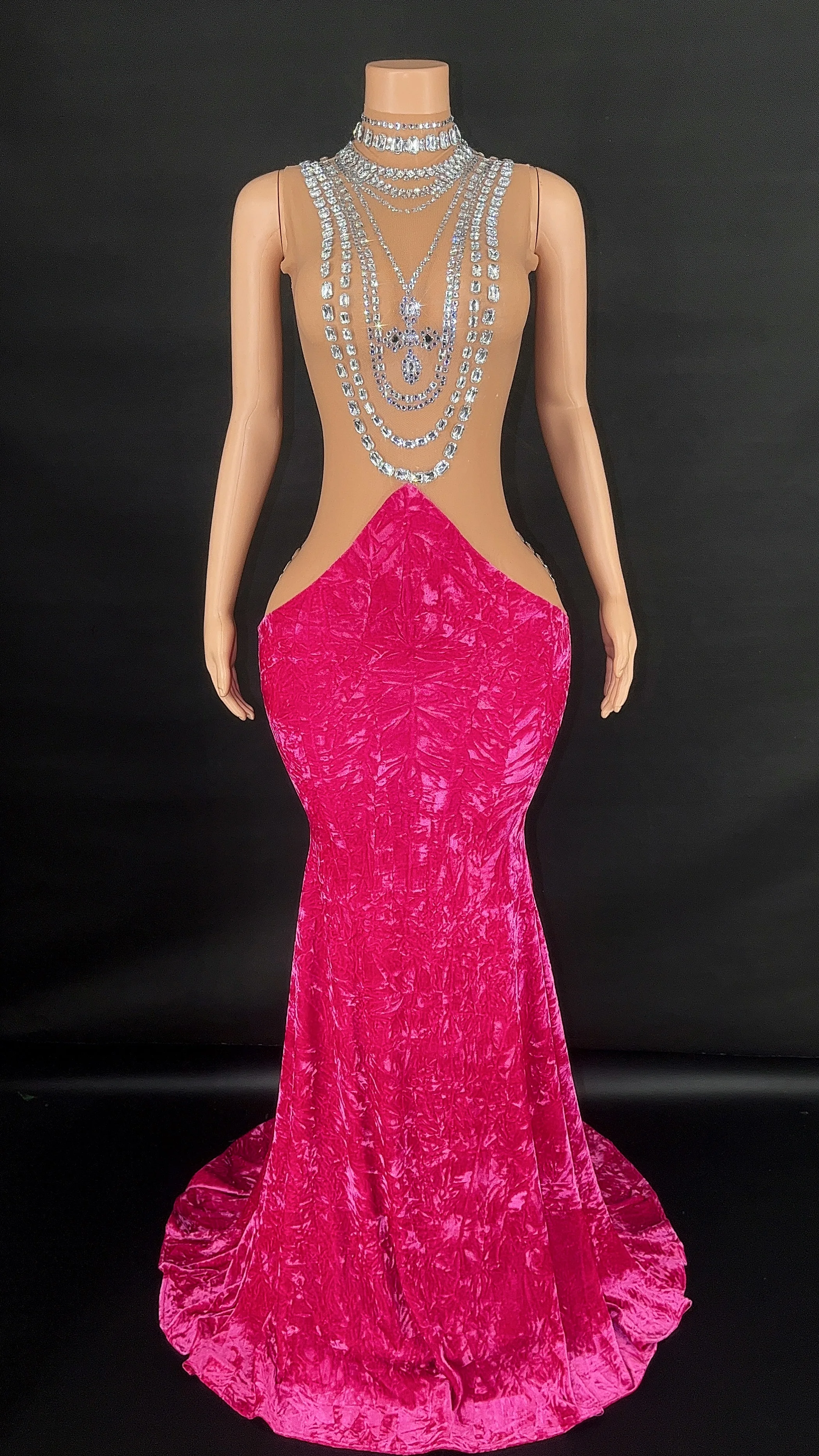 Women Sparkly Rhinestone Rose red Velvet Prom Long Dress Sexy Mermaid Dress Elegant Graduation Dress Wedding Evening Dress