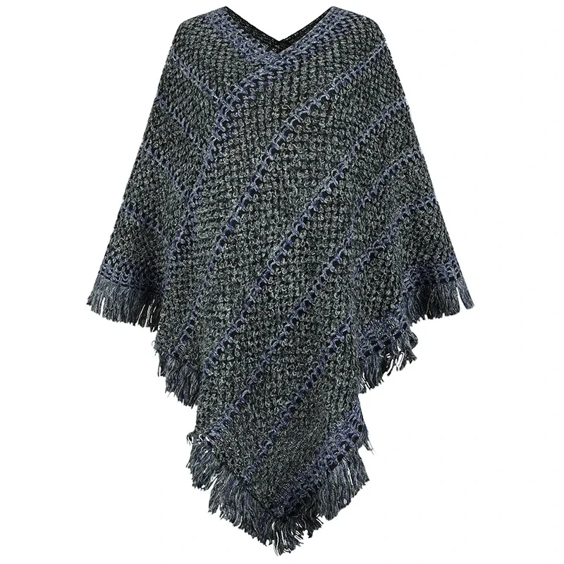 

Autumn Winter New Style Color Contrast Striped National Style Tassel Pullover Cloak Poncho Lady Capes Gray Cloaks