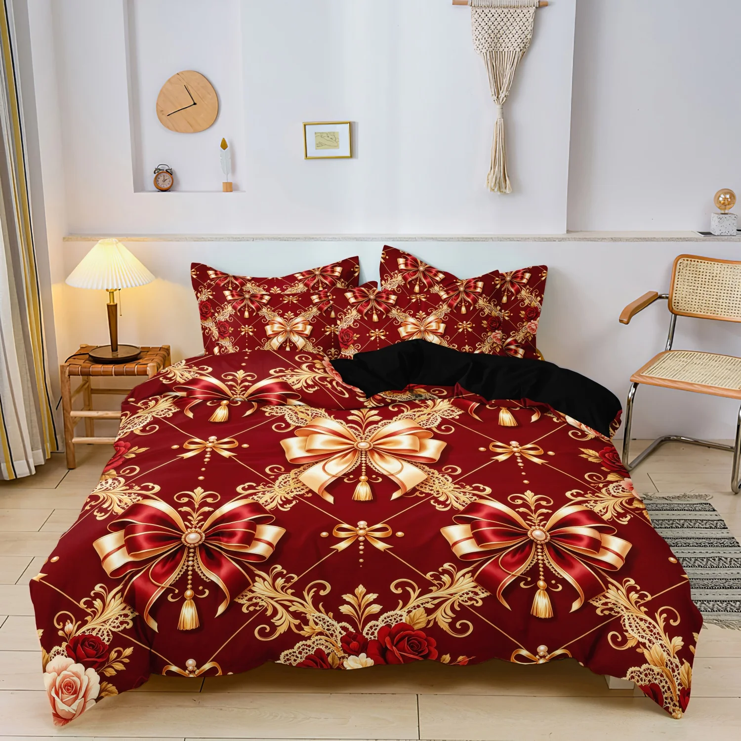 3pcs Elegant Red Gold Bow Duvet Cover Set, Noble Baroque Rose Lace Pattern Bedding, For Family Bedrooms Dormitories Hotels