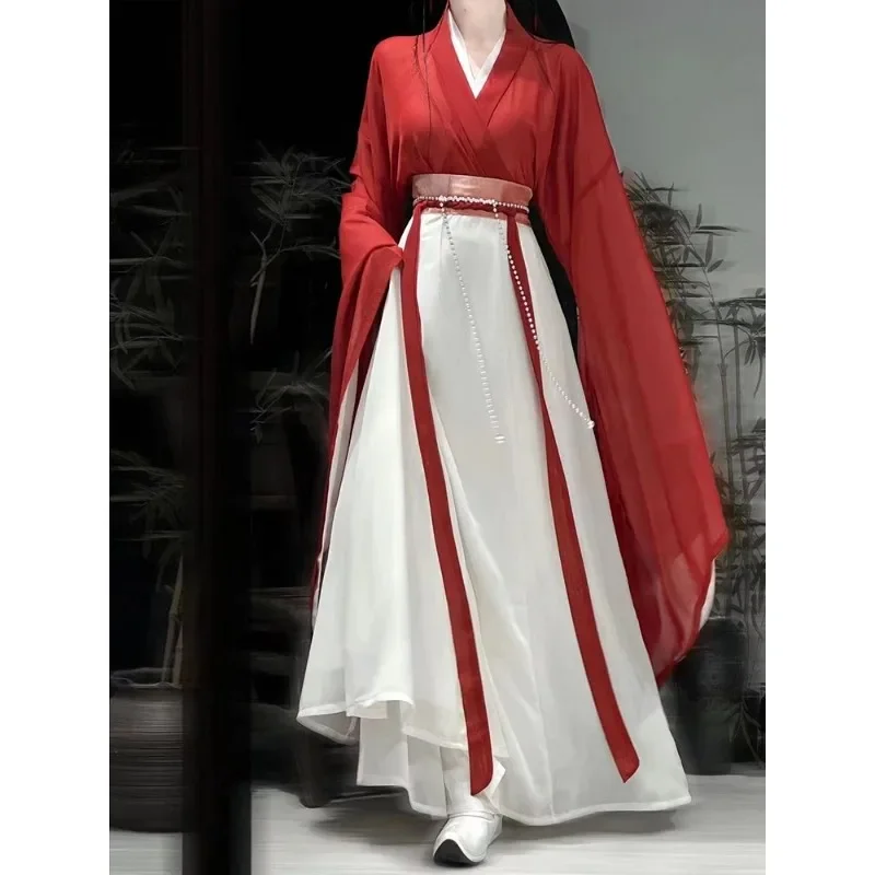 Autumn WeiJin Dynasty Green Red Cross Collar Printed Large Sleeved Princess Hanfu Dress Suit Female Oriental Cospaly Dresses