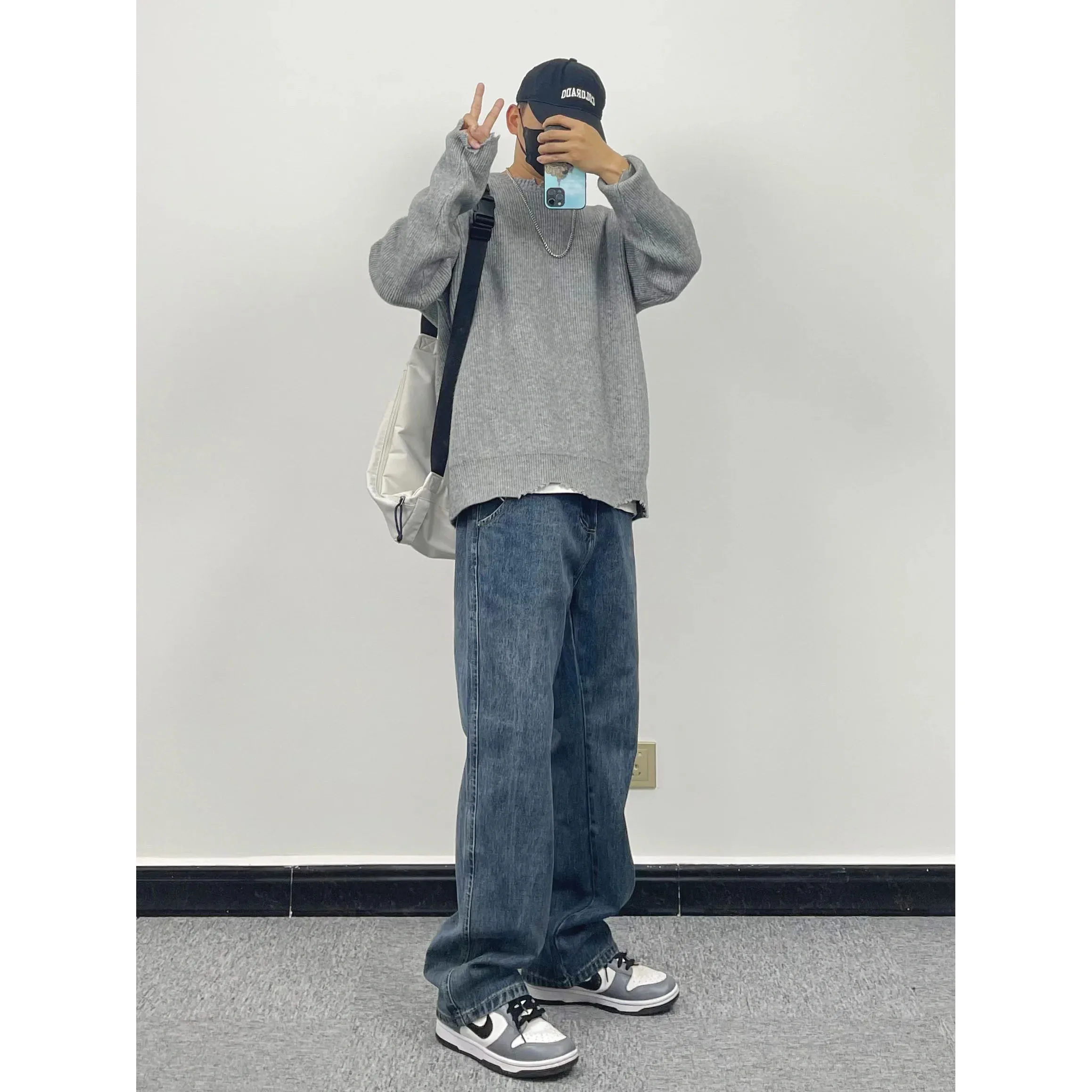 

Мужские джинсы Waed Blue: весенне-осенние, в стиле High Street, свободные, прямые, длинные брюки, модные, из смесового хлопка и полиэстера