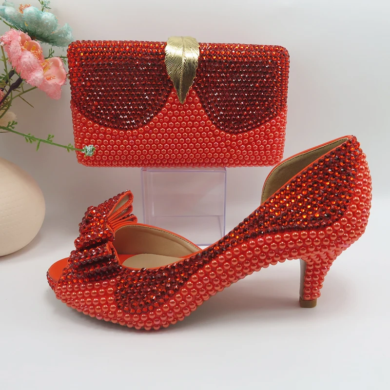 2022 New arrival Orange Crystal Women wedding shoes with matching bags Peep toe High Pumps fashion Open Toe shoes and Purse