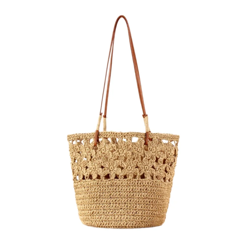 New Hollow Out Flower Woven Grass Woven Bag For Daily Leisure Large Capacity Vacation Single Shoulder Beach Bag Bucket Bag