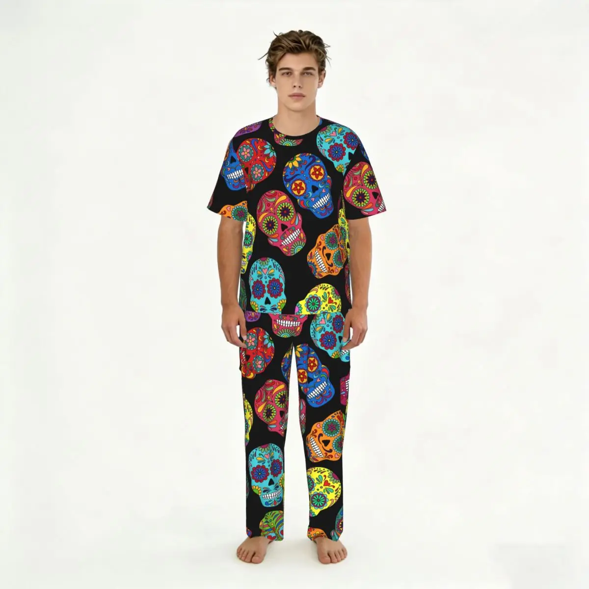 

Одежда для сна, летняя и весенняя домашняя одежда, мексиканская одежда с изображением черепов на День мертвых, ночная одежда с короткими рукавами и длинными брюками