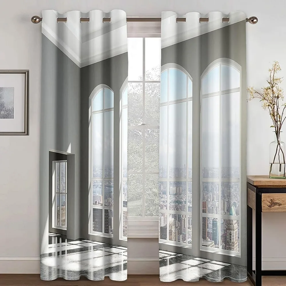 窓と建築風景が描かれたグレーの2枚組リビングルームカーテン、幅96インチ x 高さ108インチ（244cm x 274cm）