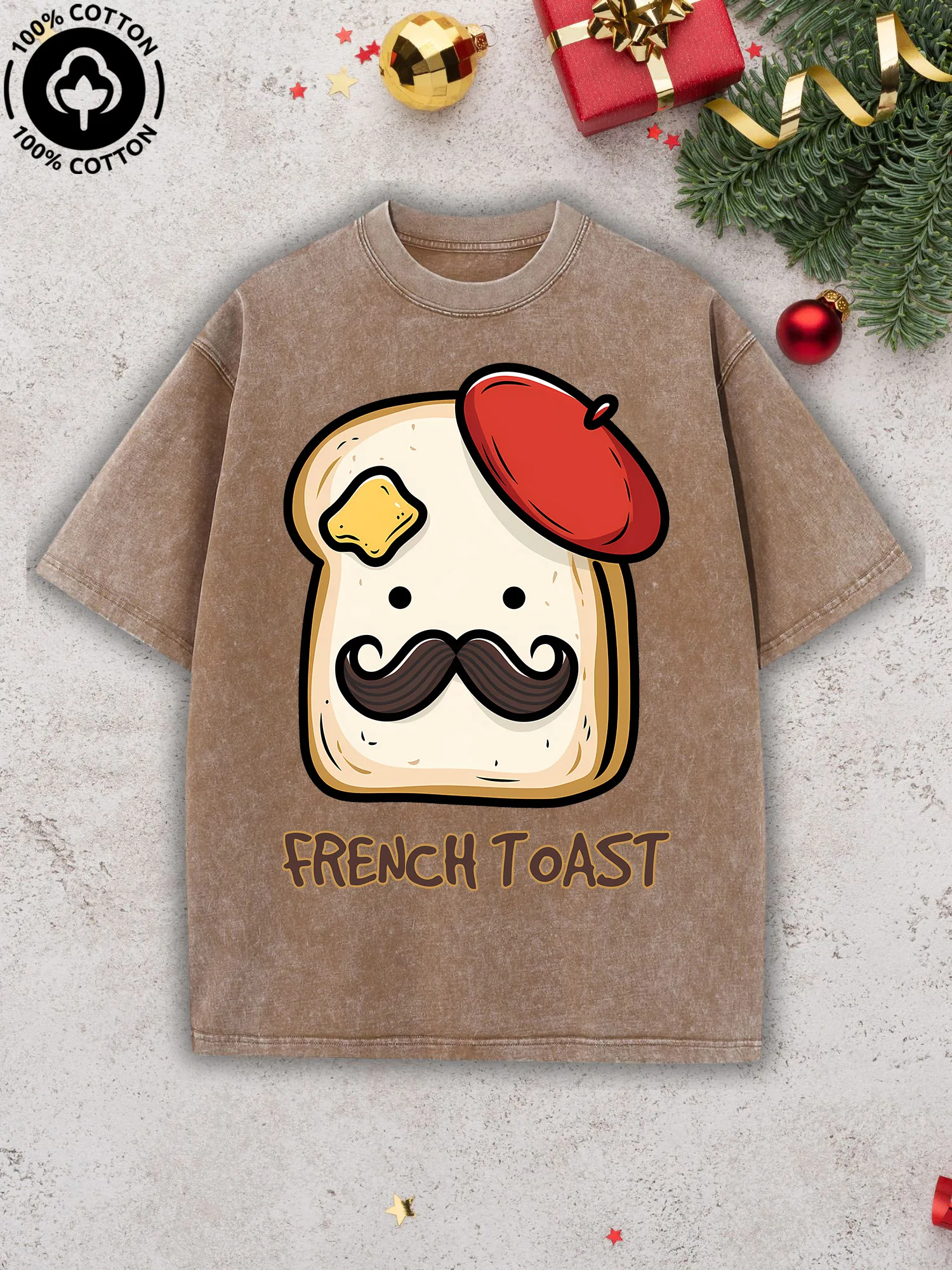 

French Toast Men's Graphic Tee, Pure Cotton Vintage Camel T-Shirt, Retro Street Drop Shoulder Tee