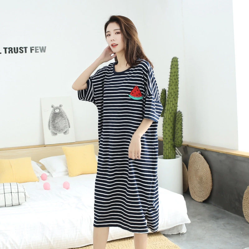 Summer Pajama Dress Female Short-Sleeved Cartoon Home Wear Lengthened Plus Size Striped Student Pajamas Easy To Wash Long