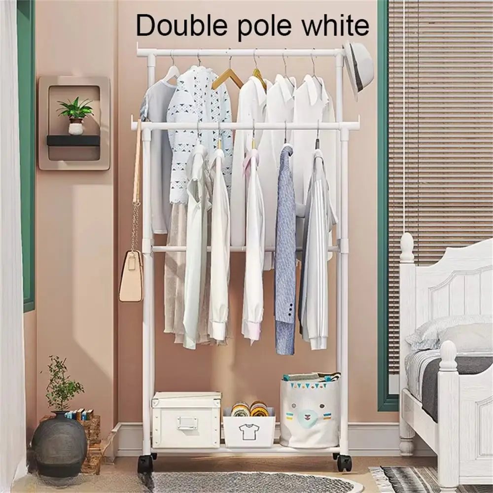 Clothes Rack Double Rod Multifunctional Portable Shoes Hat Coat Storage Hanger Bedroom Organizer Shelf With Wheel Movable