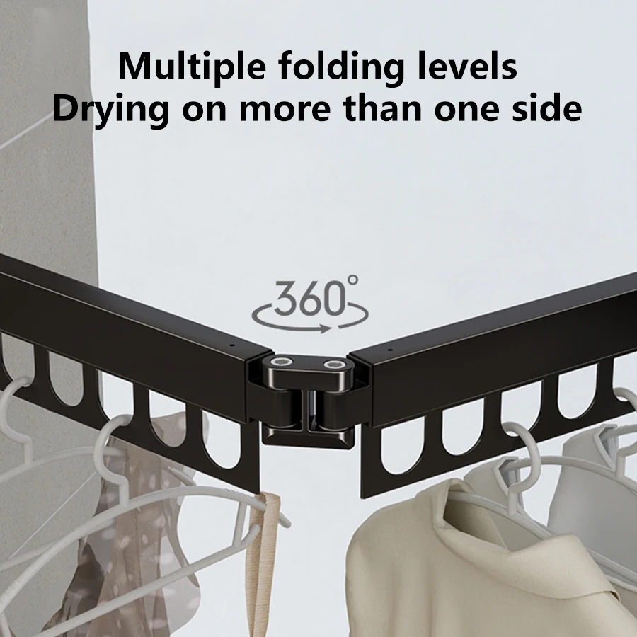 Aluminum Alloy Folding Drying Rack with Hooks Wall Mount Space-Saving Clothes Hanger for Balcony Laundry Room Bathroom Metal