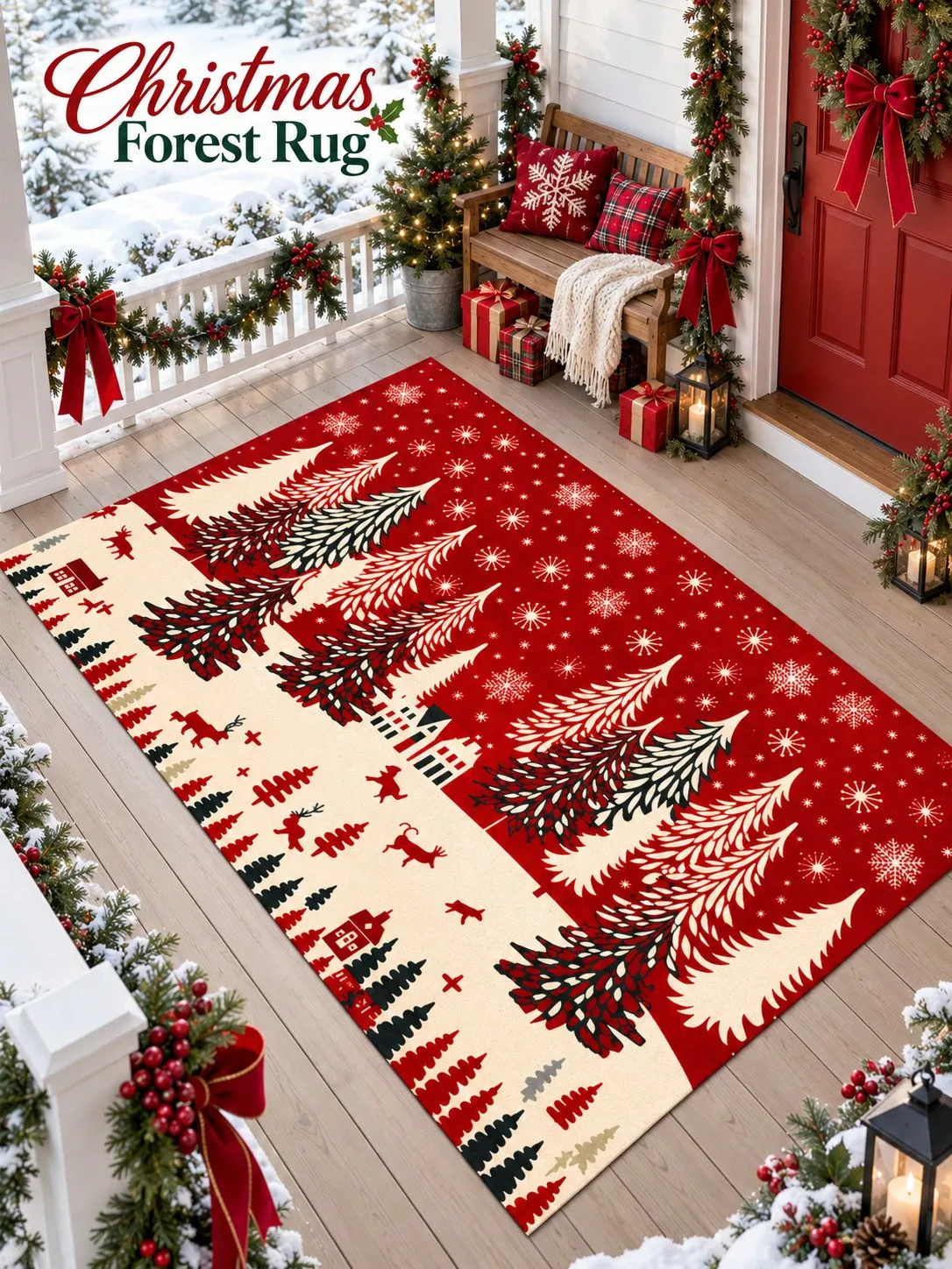 Christmas Rug Forest Village Deer Snowflakes Floor Decor Carpet Living Room Bedroom Dining Area Entryway Apartment Cabin Winter Home Accent Beside Sofa Coffee Table Housewarming Birthday Gift for Family Friends Neighbors Homeowners Holiday Gatherings