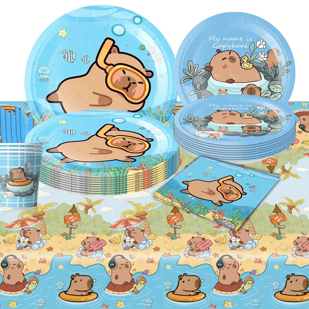 Tablecloth Capybara Birthday Party Cartoon Celebration Disposable Decoration Tablecloth Baby Shower Kids Favor Party Supplie Set