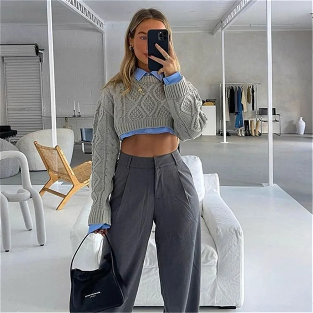 Boniouo Autumn Women Knitted Sweater Crop Tops Fashion Streetwear Y2K Sweaters Pullovers Vintage Cropped Top Female Outfits 2022