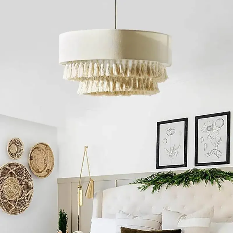 Bohemian Fabric Pendant Lamp Japanese Retro Wabi Sabi light white fringe lampshade for Living Room Bedroom Restaurant lighting