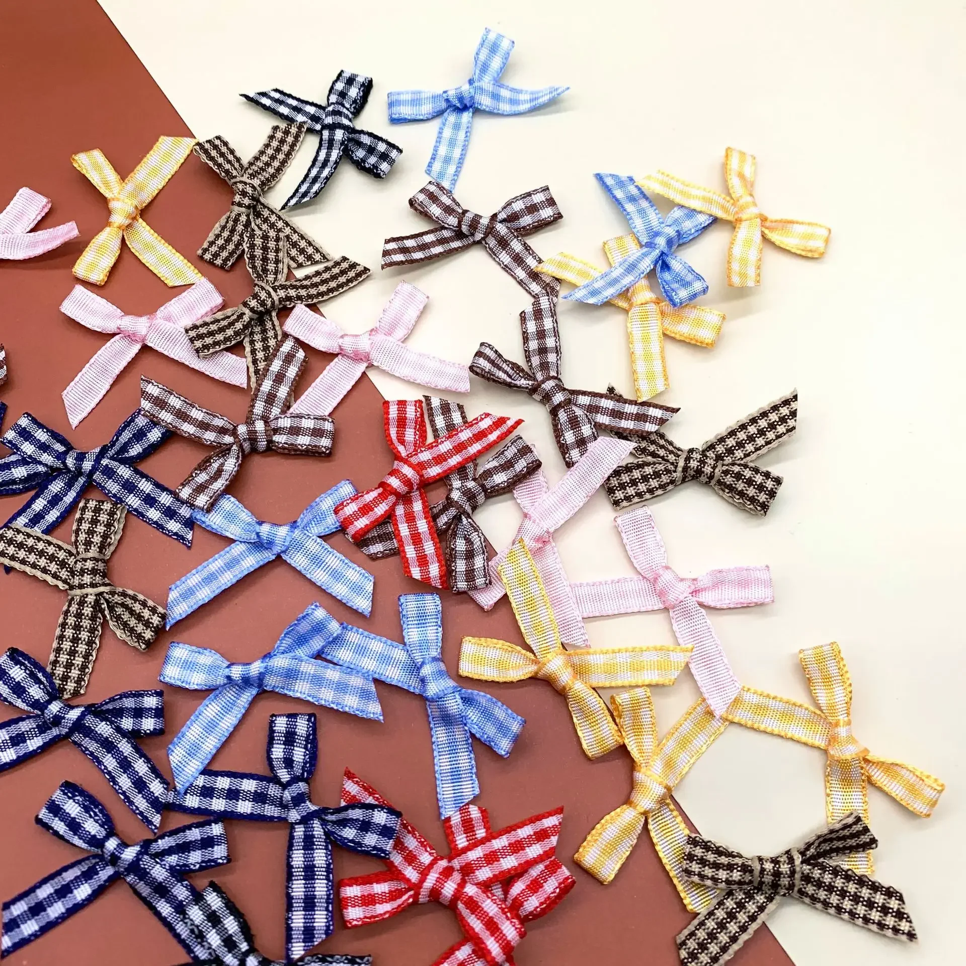 100Pcs Mini Gingham Bow Ribbon Tie Checkered Ribbon Flowers Plaid Ribbon Bow DIY Craft Sewing Party Gift Clothes Decor Bowtie