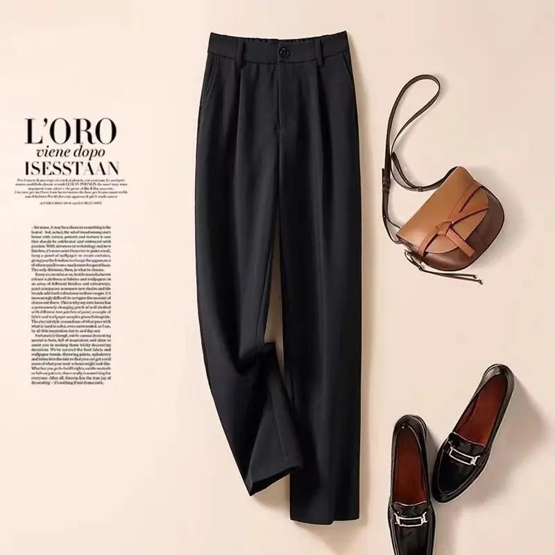 Top grade Fashion High Waist Pants Women Spring Casual Loose Straight Black Trouser Female Nine Points Suit Pant Office Pant