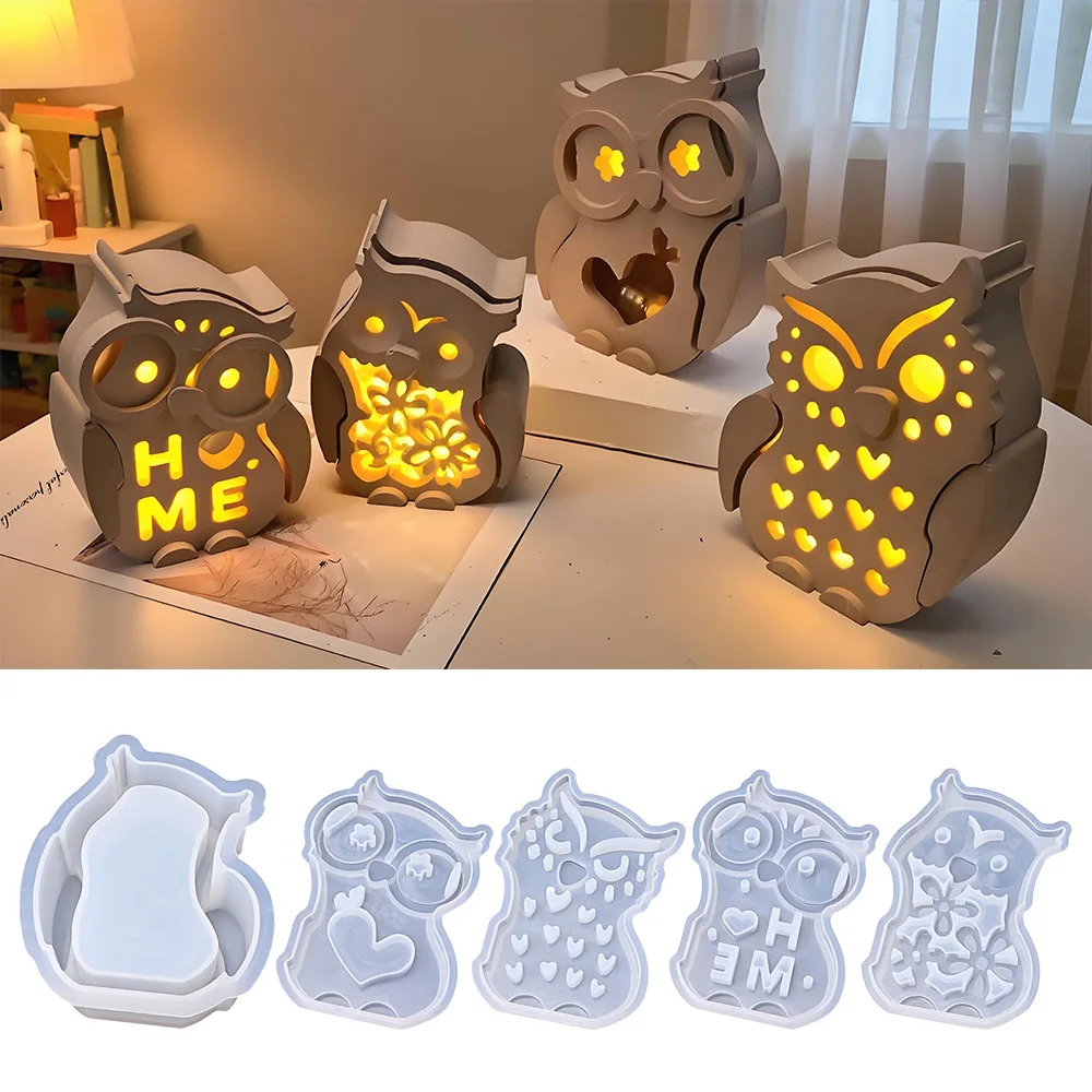 3D Owl Hollow Egg Lampshade Mold DIY Cute Star Glasses Owl Candle Cup Night Light Plaster Silicone Mould For Resin Making