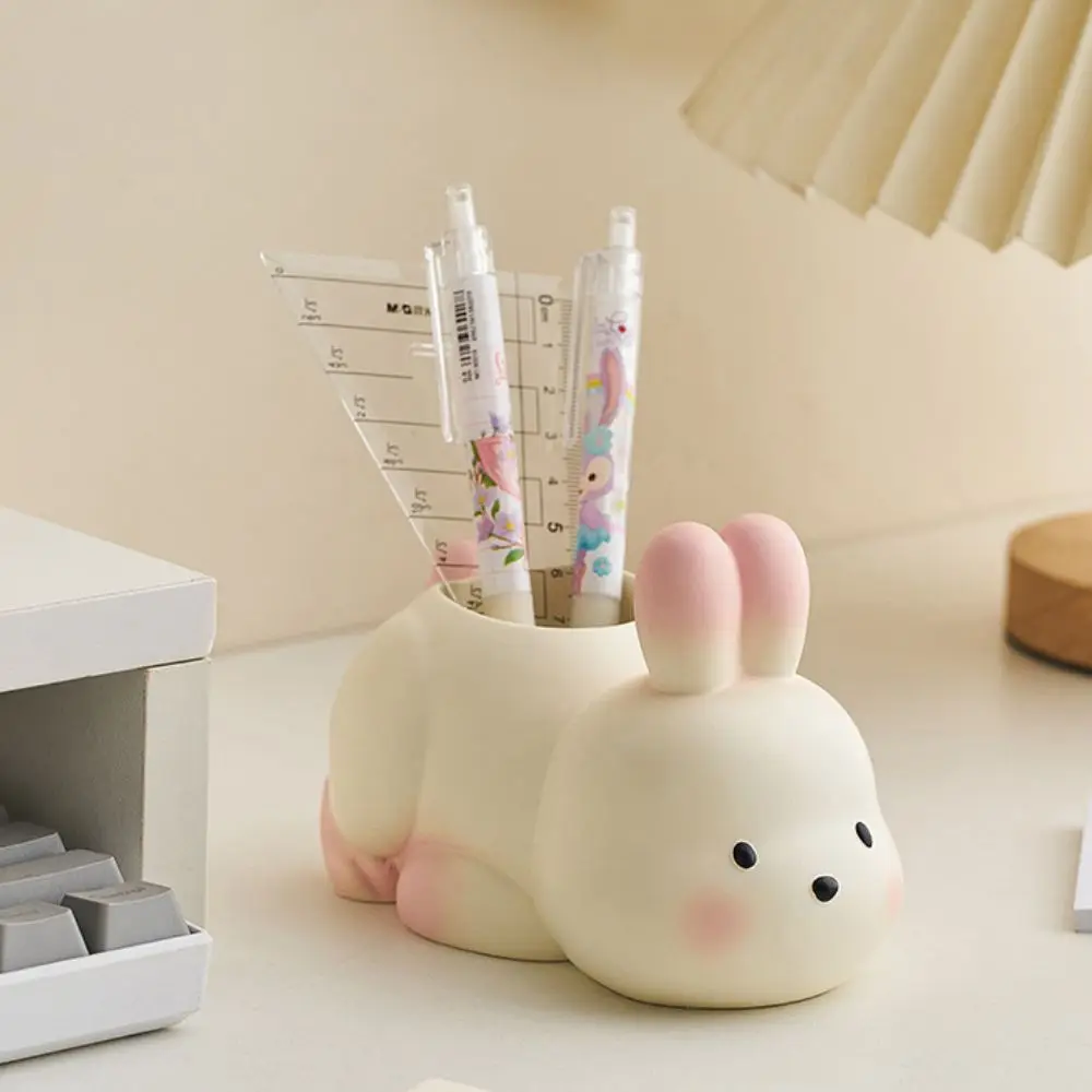 Funny Cute Animal Pen Holder Cartoon Unique Resin Panda Statue Large Capacity Desktop Rabbit Ornament Home