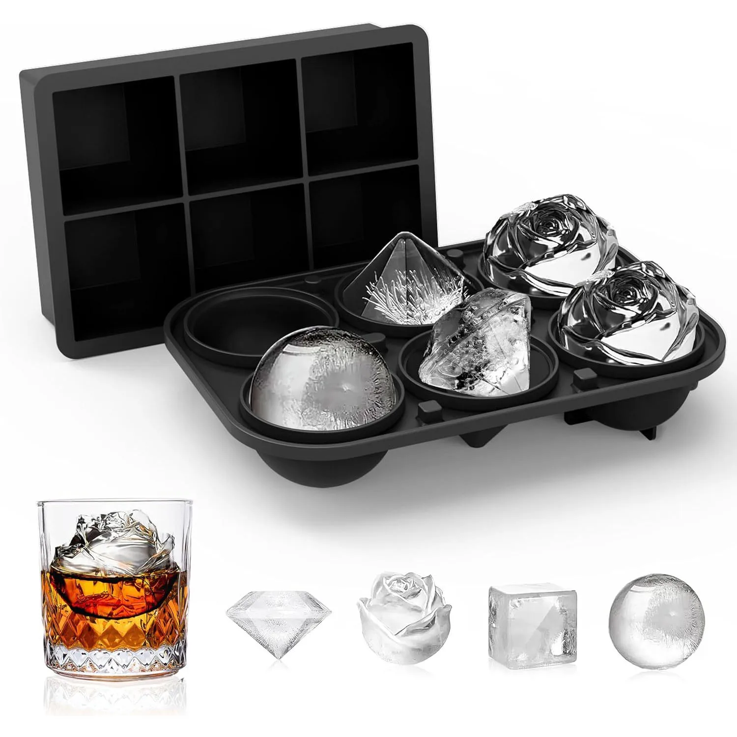 

1PCS Large Ice Cube Trays Silicone Ice Cube Molds for Freezer with Lid Reusable Whiskey Ice Mold Ball Rose Diamond Ice Mold