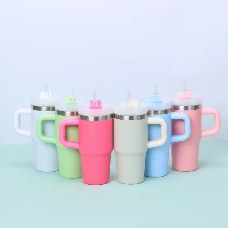 Taza aislante de acero inoxidable 304 de 14oz con asa, taza de café, taza de viaje para niños, taza de coche, taza con pajita portátil
