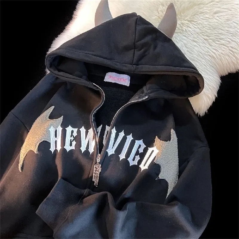 Zip Up Hoodie Hip Hop Gothic Bat Wing Devil Horn vintage Goth Jacket Men clothes Oversized Sweatshirt Kawaii Harajuku Winter Y2K