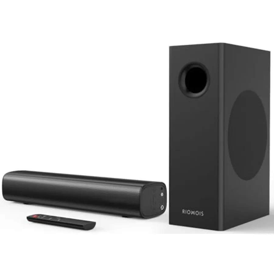 

Smart TV sound bar with wired 4-inch subwoofer, black, compact 2.1 surround system delivering deep bass via Bluetooth/Optical/A