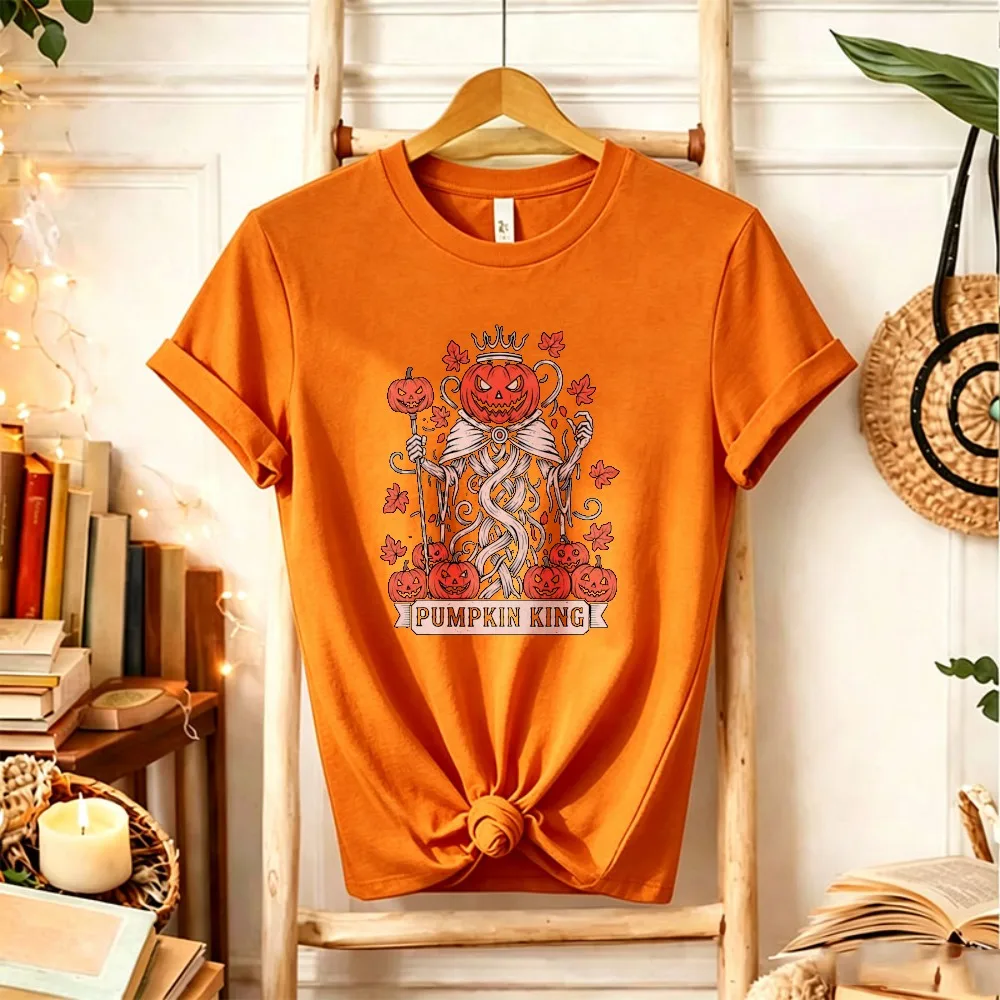 Pumpkin King Halloween Graphic T‑Shirt Scary Crown Jack O Lantern Monster Skeleton Maple Leaf Spooky Gothic Fall Holiday Art Top