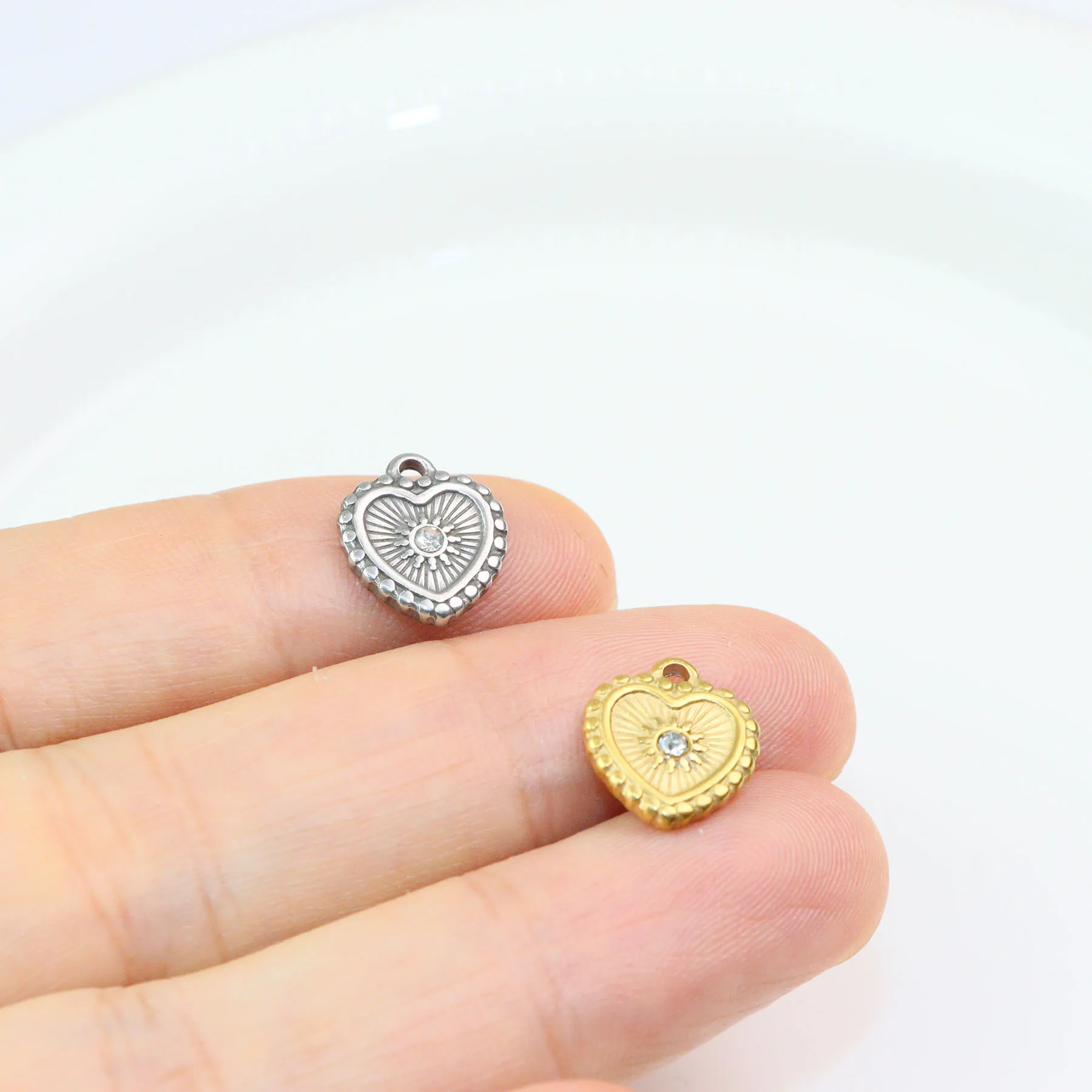 5pcs Stainless Steel Heart Stone Jewelry Charms Pendant DIY Handcraft  Vacuum Plate Waterproof Antiallergic