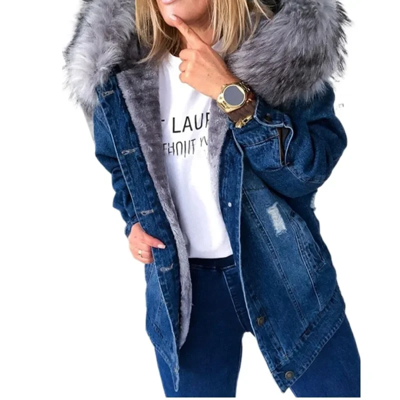 Winter Fur Jacket Women Denim Coats Faux Hooded Jean Thick Long Sleeve Frayed Overcoat Outwear Vintage Cotton Female Coat